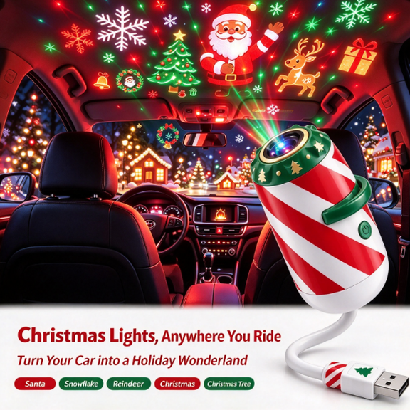 2026 New Christmas Car Projector Light with 6 Festive Patterns, USB Powered Car Interior Holiday Projection Lamp, Portable Christmas Pattern Projector Light, Multicolor Xmas Projector