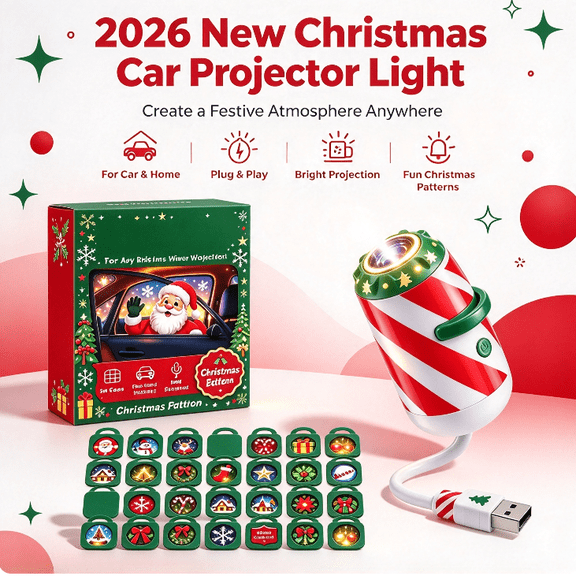 2026 New Christmas Car Projector Light, USB Powered Window Projector with 24 Holiday Patterns for Vehicle and Wall Projection