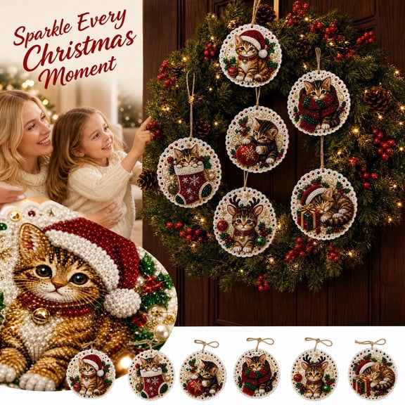 2026 New Christmas Cat Ornament Diamond Painting Art 6PC Kit, Easy 5D Diamond Art Set for Adults and New Crafters, Relaxing Stress Relief Activity, Household Wall And Tabletop Ornament