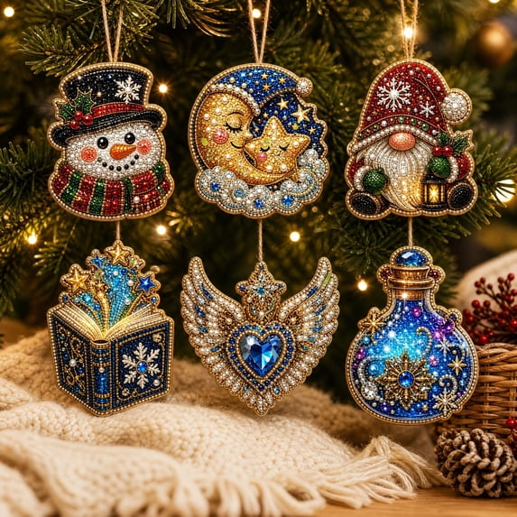 2026 New Christmas Diamond Painting Suncatcher Kit, 6Pc Acrylic DIY Diamond and Pearl Art Painting, Mini Crystal Art Hanging Ornament Kit, Xmas Decorations for Home Wall Tree and Gift