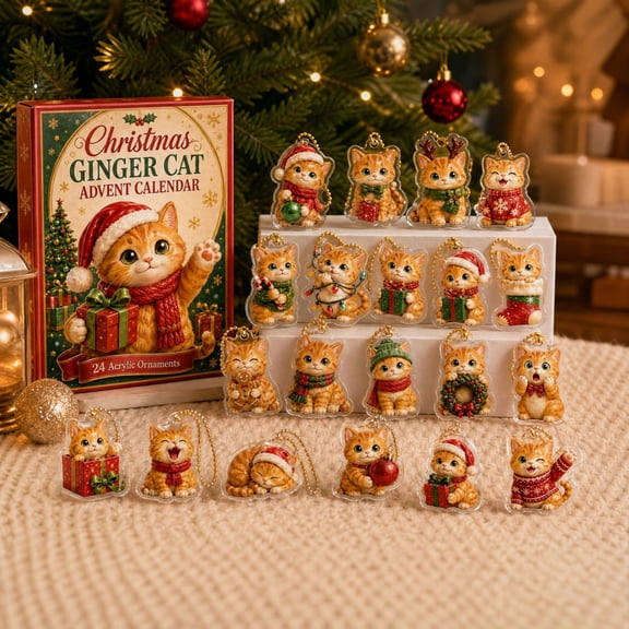 2026 New Christmas Ginger Cat Advent Calendar, 24Pcs 2D Flat Figurine Collectible, 24 Days of Christmas Countdown Calendar Crafts, Xmas Decorations for Tree Window Mantel and Gifts