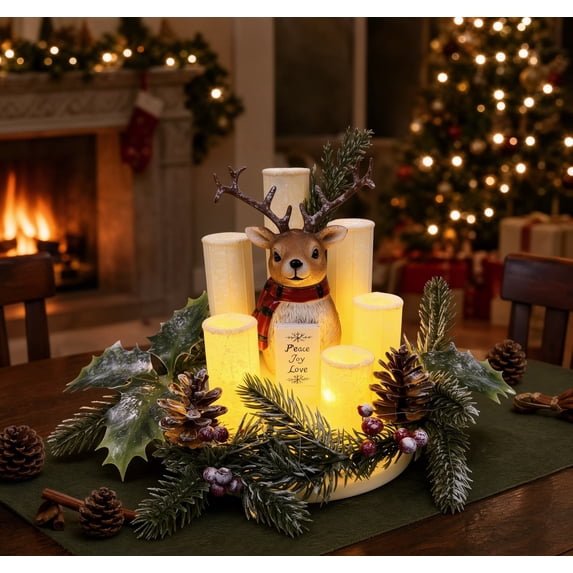 2026 New Christmas Reindeer Flameless Lighted Candle Centerpiece, Holiday Table Mantel Decor with Warm Glow, Festive Candle Decoration for Dining Room Living Room and Seasonal Gift