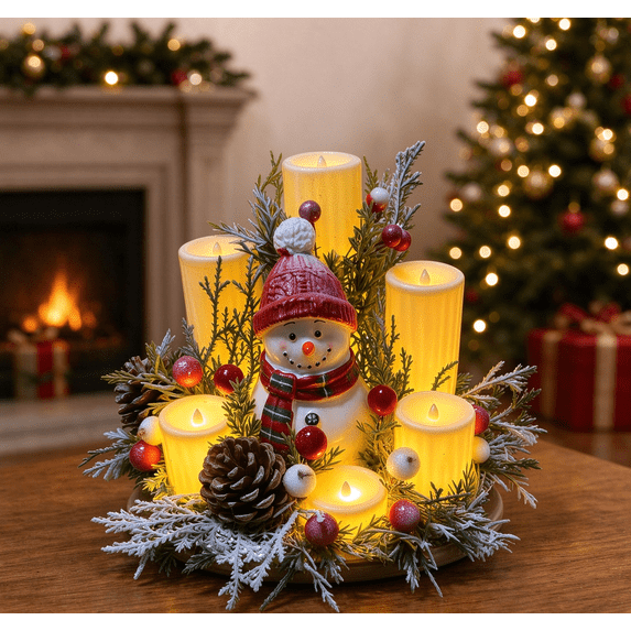 2026 New Christmas Snowman Flameless Lighted Candle Centerpiece, Holiday Table Mantel Decor with Warm Glow, Festive Candle Decoration for Dining Room Living Room and Seasonal Gift
