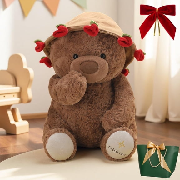 2026 New Christmas Teddy Bear with Bouquet, Bloom Bear Plush Toy with Red Rose, Romantic Stuffed Animal with a Cute Bouquet of Flowers for Girlfriend/Mom (9.84 in Brown)