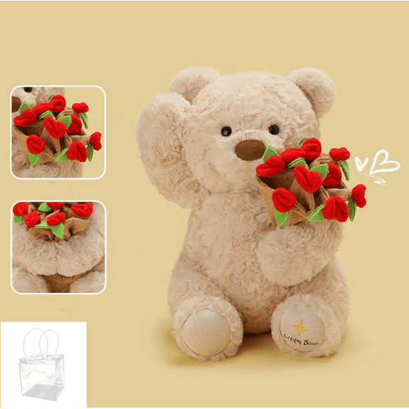 2026 New Christmas Teddy Bear with Bouquet, Bloom Bear Plush Toy with Red Rose, Romantic Stuffed Animal with a Cute Bouquet of Flowers for Girlfriend/Mom(wwx)