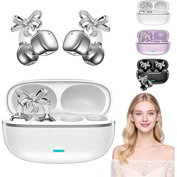 2026 New Clip-On Open-Ear Headphones Wireless Bluetooth Earbuds with Ai Noise Cancelling, Rhinestone Decor & Water Resistant, 144+ Languages,for Workouts & Commuting (White)
