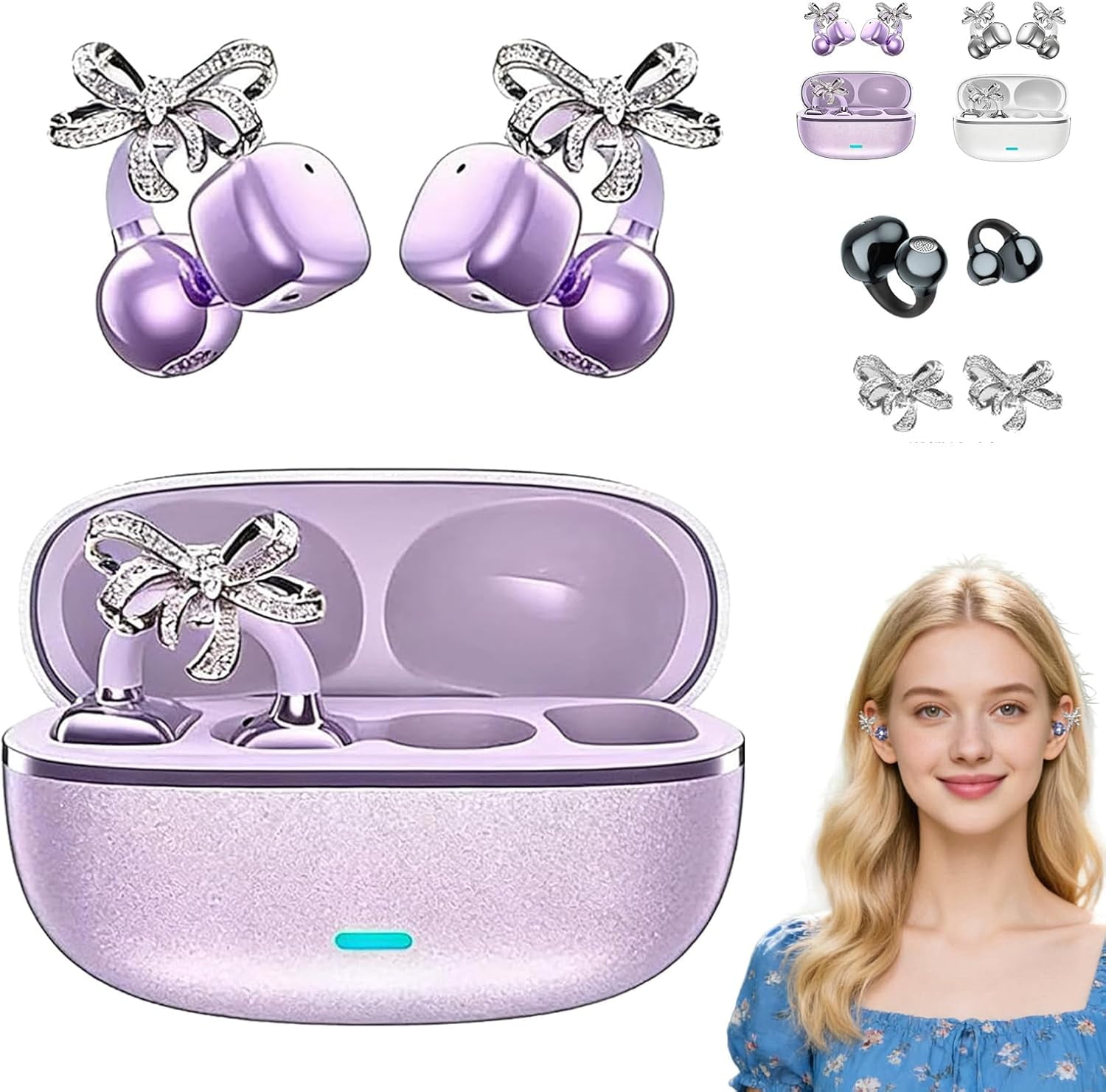 Clip-On Open Ear Bluetooth Headphones with AI Translation & Noise Cancelling - IPX7 Waterproof, Rhinestone Design, 144 Languages, Wireless Earbuds for Women (Purple) P