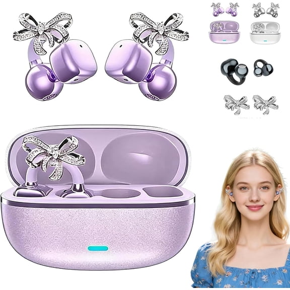 2026 New Clip-On Open-Ear Headphones for Women (Purple)  Wireless Bluetooth Earbuds with AI Noise Cancelling, Rhinestone Decor, 144 Languages AI Translation & IPX7 Waterproof  Z
