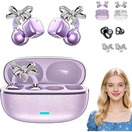 Clip-On Open Ear Bluetooth Headphones with AI Translation & Noise Cancelling - IPX7 Waterproof, Rhinestone Design, 144 Languages, Wireless Earbuds for Women (Purple) P
