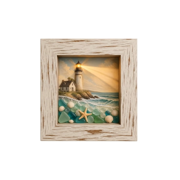 2026 New Coastal Lighthouse Sea Glass Shadow Box Night Light, Handmade Sea Glass Shadow Box with LED Warm Glow, Nautical Beach Ocean Wall Decor for Bedroom, Shelf, Entryway Gift (A)
