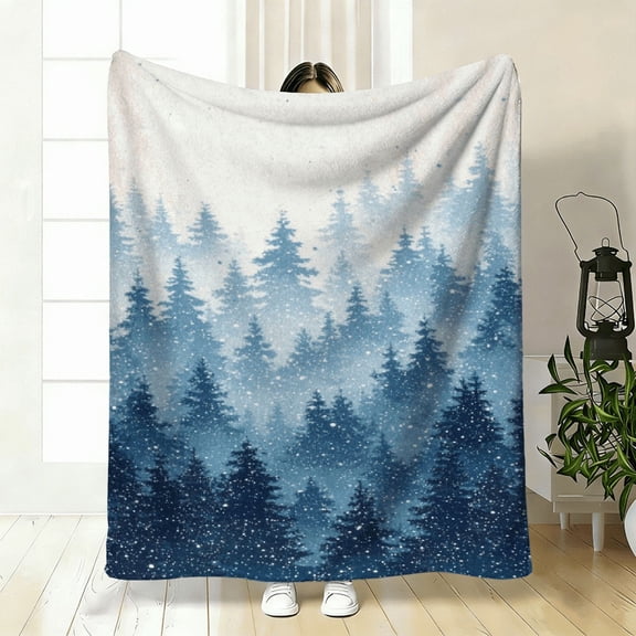 2026 New Collection Flannel Blanket 1pc Blanket Soft Flannel Winter Throw with Snowy Pine Forest Design in Blue White, AllSeason Cozy Blanket for Couch.