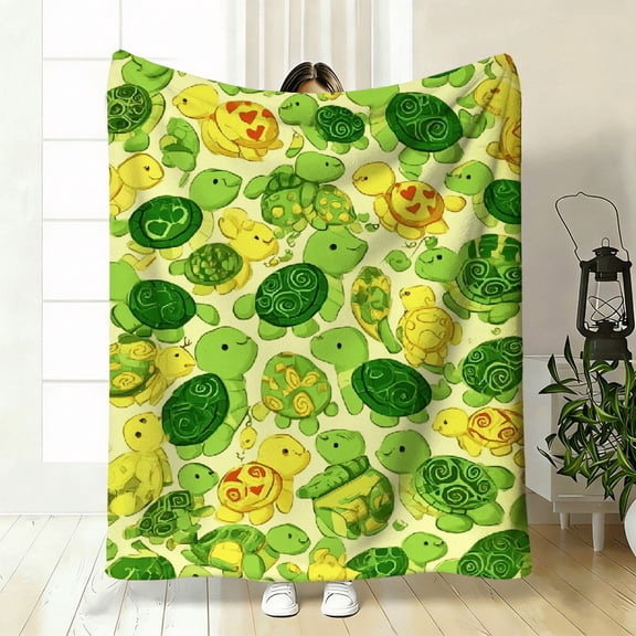 2026 New Collection Flannel Blanket 1pc Turtle Chameleon Print Flannel Blanket Soft AllSeason Cozy Bedspread, Green Yellow Cartoon Reptile Design.