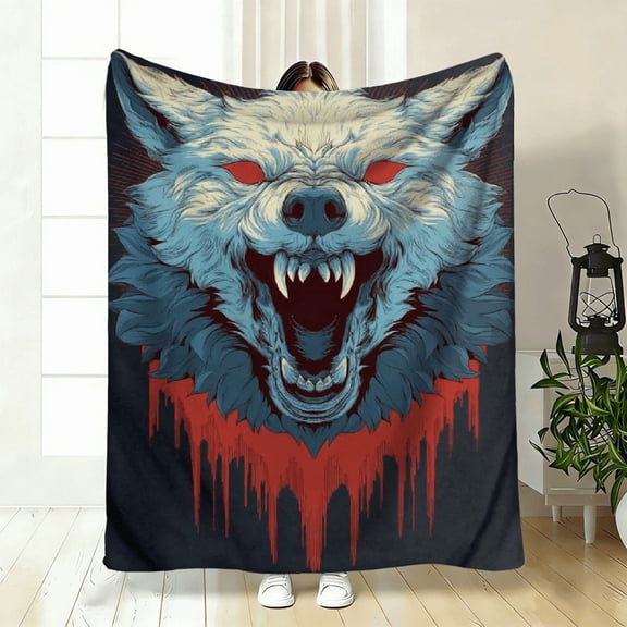 2026 New Collection Flannel Blanket 1pc Wolf Head Design Throw Blanket - Bold Black Background with Blue, Red Accents - Soft Flannel-like Bedspread.
