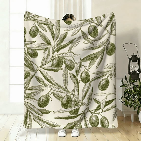 2026 New Collection Flannel Blanket Open DoubleSided Flannel Sofa Throw Blanket Lightweight Olive Branches Pattern with Green Olives.
