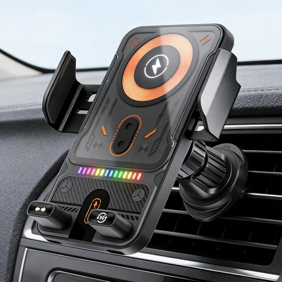 2026 New Cool Car Wireless Fast Charging Holder, 2-in-1 Fast Charging Air Vent & Dashboard Holder, Motorized 90° Rotating Fast Charging Air Vent Holder for iPhone Samsung Android (Black)
