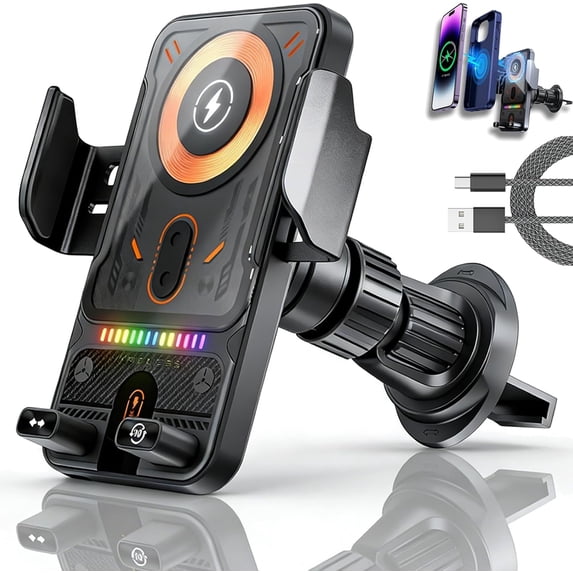 2026 New Cool Car Wireless Fast Charging Holder, Smart 2-in-1 Car Rotating Mobile Phone, Charge Faster, Wireless Charging Rotating Car Mount,15w Universal,360° Rotation (Black)
