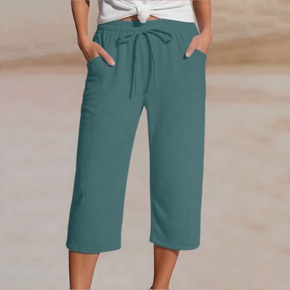 2026 New Cotton Capri Pants for Women Wide Leg Lightweight Summer Capris Casual Elastic Waist Beach Cropped Trousers with Pocket(Green,M)