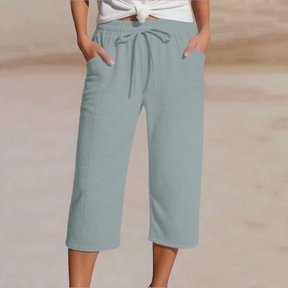 2026 New Cotton Capri Pants for Women Wide Leg Lightweight Summer Capris Casual Elastic Waist Beach Cropped Trousers with Pocket(Light Green,S)