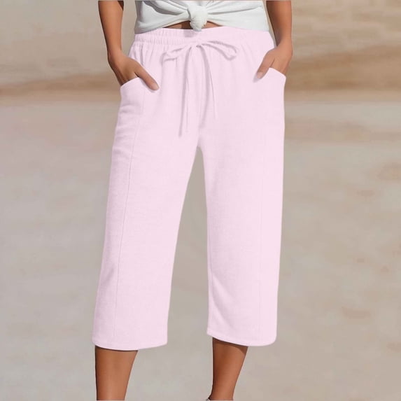 2026 New Cotton Capri Pants for Women Wide Leg Lightweight Summer Capris Casual Elastic Waist Beach Cropped Trousers with Pocket(Pink,L)