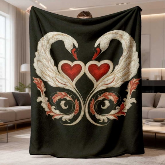 2026 New Cozy Flannel Throw Blanket: Romantic Swan & Heart Design, Soft Warm Lightweight All-Season Luxury Bedspread for Couch Bed Travel, Black White Vintage Style with Red Accent Swans