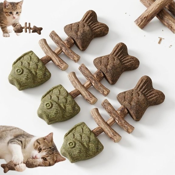 2026 New Creative Fish Bone Cat Dental Chew Toy,Fishbone Catnip and Silvervine Chew,Wooden Catnips Teeth Cleaning Stick,Creative Fish Bone Cat Toy for Cats & Kittens (3PCS)