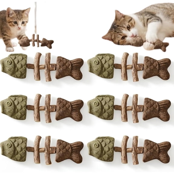 2026 New Creative Fish Bone Cat Dental Chew Toy,Fishbone Catnip and Silvervine Chew,Wooden Catnips Teeth Cleaning Stick,Creative Fish Bone Cat Toy for Cats & Kittens (6PCS)