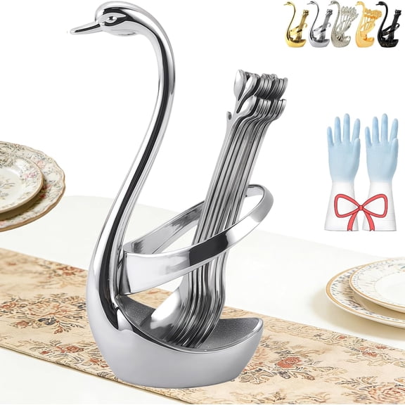 2026 New Creative Swan Design Coffee Stirring Spoon Set, Swan Coffee Spoon Set with Swan Holde 6 (Spoons), Mini Cut Espresso Spoons, Leaf Teaspoons & Dessert Forks ,Silver,Stainless Steel