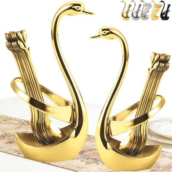 2026 New Creative Swan Design Coffee Stirring Spoon Set, Swan Coffee Spoon Set with Swan Holde 6 (Spoons), Mini Cut Espresso Spoons, Leaf Teaspoons & Dessert Forks ,Gold,Stainless Steel