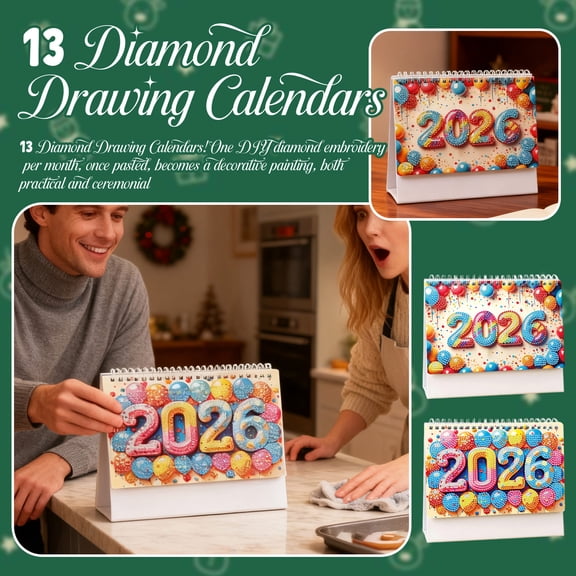 2026 New Cross-Border Diy Diamond Dotting Desk Calendar With 2026 Date Markings, 13 Sheets Easy-To-Make Handmade Painting Calendar, Complete Craft Kit Includes Diamond Pen Wax