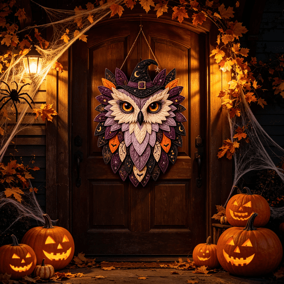 2026 New DIY Layered Fabric Witch hat Owl Wall Art Kit, Beginner-Friendly 3D Multi-Layered Craft Set with Pre-Cut Textile Animal Design for Front Door Wall Room Decor(Purple1)