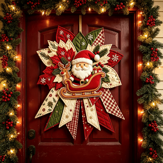 2026 New DIY Quilted Christmas Door Hanger Kit, Xmas Themed Fabric Craft Patterns, Handmade Cute Door Decoration for Party and Home Display(Santa)