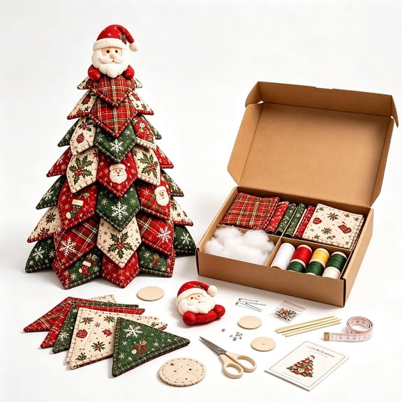 2026 New DIY Quilted Christmas Tree Kit - 3D Fabric Patchwork Craft Set for Beginners with Plush Topper, Handmade Tabletop Holiday Decor for Home, Mantel & Office Display