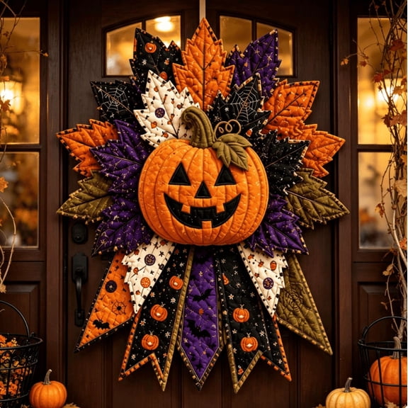 2026 New DIY Quilted Halloween Pumpkin Door Hanger Kit, Patchwork Fabric Sewing Craft Kit for Adults, Beginner Fall Pumpkin Wall Decor, Handmade Halloween Front Door Decoration (Sleepy‑Moon)