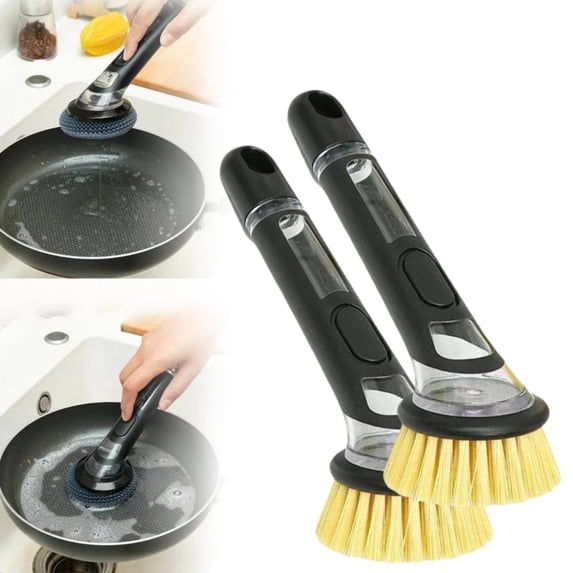 2026 New Dish Brush With Soap Dispenser Long Handle Dishwashing Brush With Replaceable Heads Kitchen Dish Scrub Brush Soap Dispensing Dish Brush Kitchen Brush,Household Cleaning Brushes