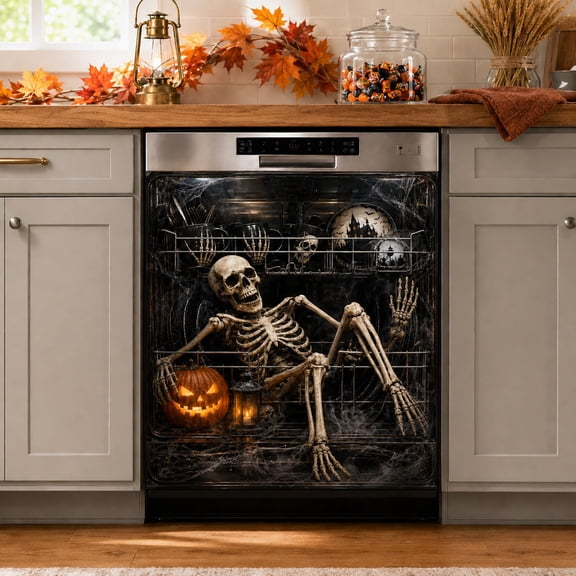 2026 New Dishwasher Magnet Cover Halloween 3D Illusion, Spooky Skeleton Full Magnetic Backing Sheet, Reusable Kitchen Appliance Decal & Seasonal Party Decor