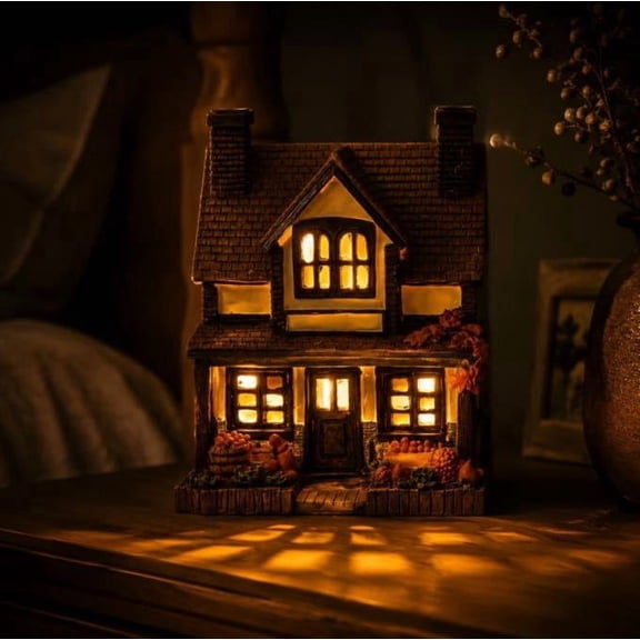 2026 New Double Chimney LED Fall Farmhouse Cottage, 5.9" Hand-Painted Resin Harvest Pumpkin Village House, Rustic Autumn Thanksgiving Home Decor