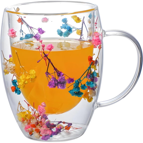 2026 New Double Glass Flower Tea Cup,Cute Clear Flower Cups With Handle, Suitable For Hot Drinks,Birthday Gifts For Mother Women