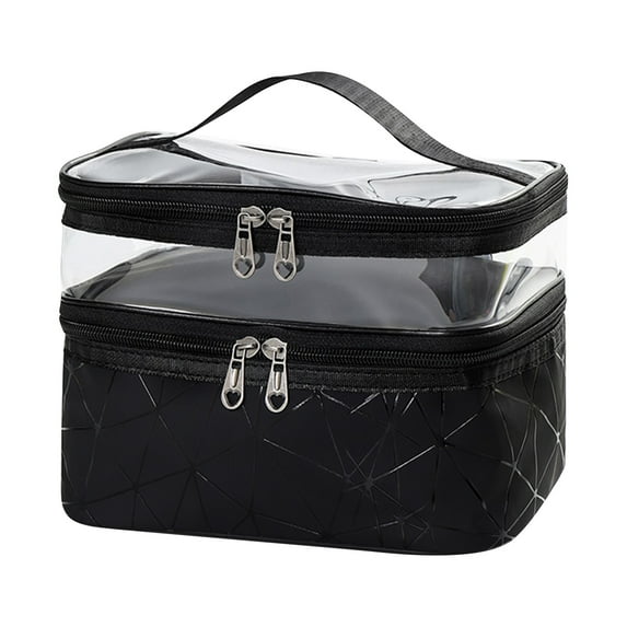 2026 New Double Layer Clear Makeup Bag for Travel - Water-Resistant PU Leather Cosmetic Organizer with Brush Storage, Toiletry Bag for Women & Girls, Medium Case Black