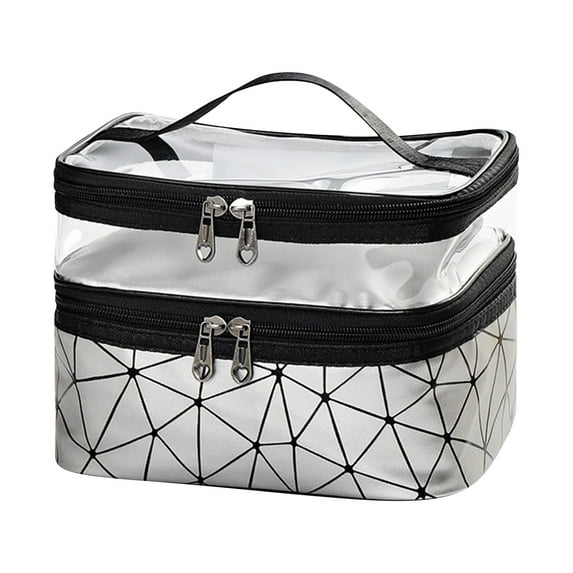 2026 New Double Layer Clear Makeup Bag for Travel - Water-Resistant PU Leather Cosmetic Organizer with Brush Storage, Toiletry Bag for Women & Girls, Medium Case Silver