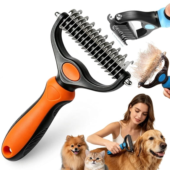 2026 New Double-Sided Deshedding Dematting Tool, Double Sided Dematting Comb, Undercoat Rake for Dogs & Cats, Extra-Wide Dog Grooming Brush & Deshedder Comb for Long Hair(Orange)
