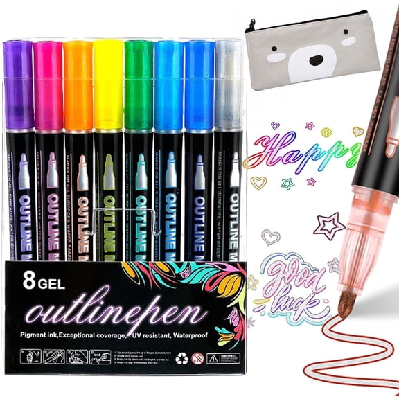 2026 New Dreamy Sparkle Dual-Line Contour Pen, Quick-Dry & Waterproof Self-outlining Glitter Pens for Crafts, Dreamy Contour Dual Line Pen for Drawing, Coloring & Diy Crafts (8PCS)
