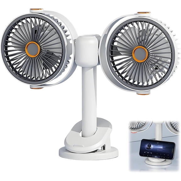 2026 New Dual Head Clip on Fan, 5 Speeds 12inch Desk Fan, USB C Rechargeable Portable Fan, Detachable Heads for Bedroom, Office, Bed, Tent (1)
