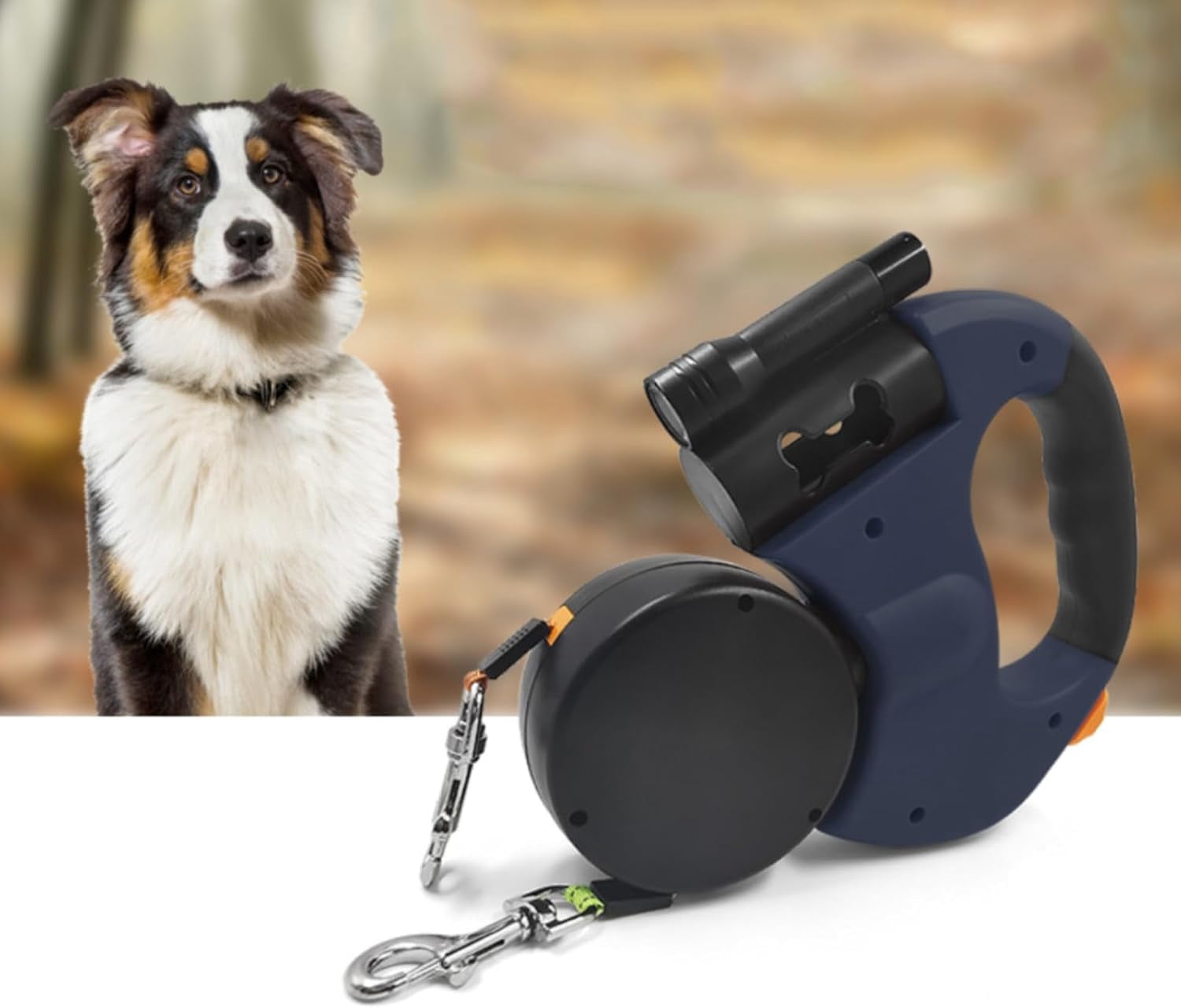 2026 New Dual Retractable Dog Leash with Light & Bring a Flashlight and a Stool Bag Holder | Tangle-Free 360° Swivel for 2 Dogs | Reflective & One-Hand Brake for Medium Small Pets