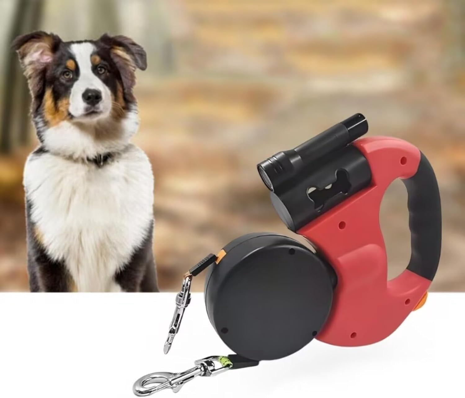 2026 New Dual Retractable Dog Leash with Light & Bring a Flashlight and a Stool Bag Holder | Tangle-Free 360° Swivel for 2 Dogs | Reflective & One-Hand Brake for Medium Small Pets