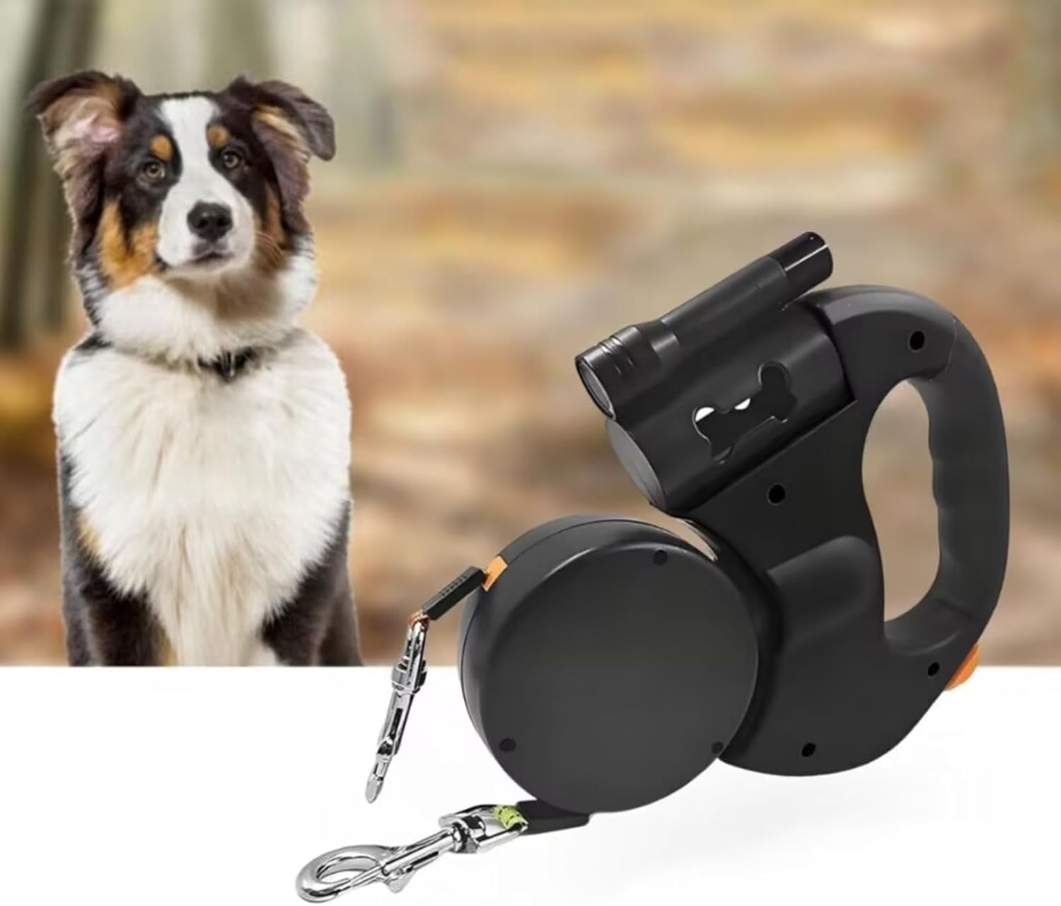 2026 New Dual Retractable Dog Leash with Light & Bring a Flashlight and a Stool Bag Holder | Tangle-Free 360° Swivel for 2 Dogs | Reflective & One-Hand Brake for Medium Small Pets