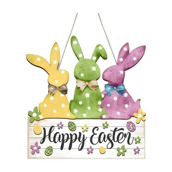 2026 New Easter Decorations Door Hanging Sign Wreath Happy EasterBunny Ear Flowers Wooden Door Sign Welcome Seasonal Spring Wreath Sign for Tree, Door, Wall, Party Supplies