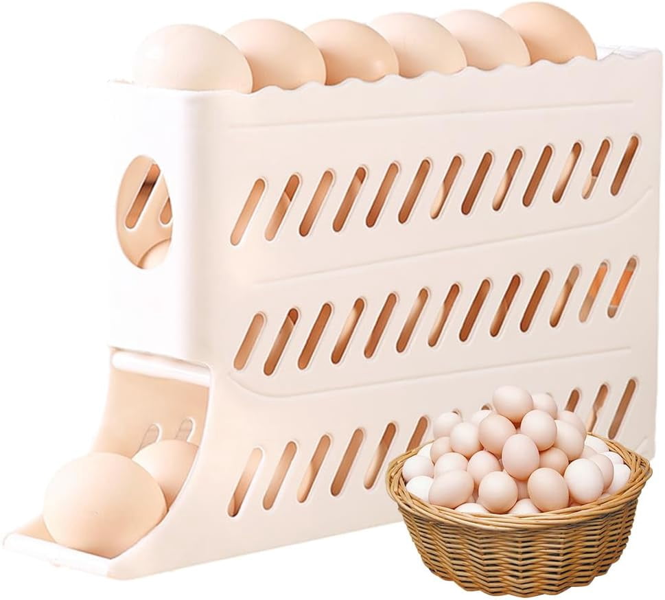 2026 New Egg Holder for Fridge, Automatic Rolling Egg Dispenser Organizer, Space Saving Egg Storage Box for Refrigerator, Holds Up to 30 Eggs Easy Access Egg Dispenser for Kitchen