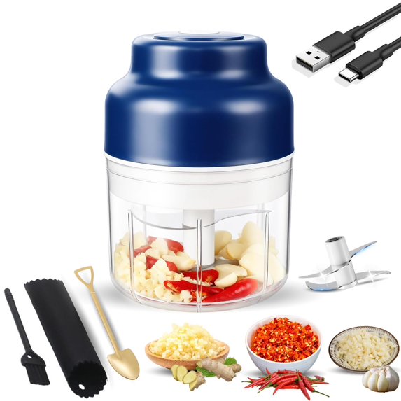 2026 New Electric Garlic Chopper, Mini Portable Veggie Chopper USB Charging Wireless Food Processor, Upgrade Electric Mini Garlic Chopper Set Wireless Veggie Grinder (Blue, 250ML)