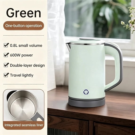 0.8L Portable Stainless Steel Electric Kettle, Double Layer Anti-Scald, Auto Shut-Off Mini Hot Water Boiler for Travel Camping Office, 600W Low Power