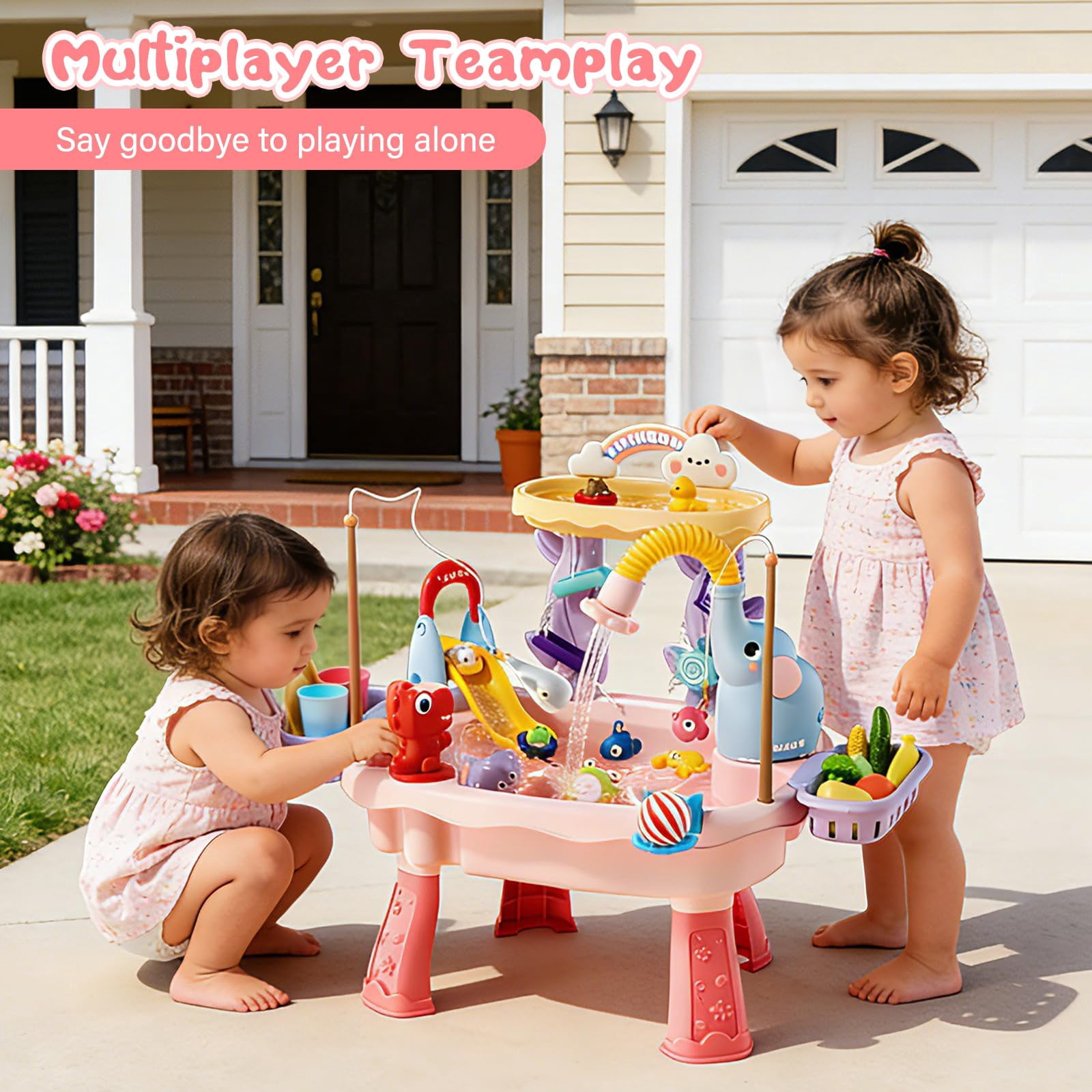 2026 New Electric Pump Water Table for Outdoor Play, Multifunctional Sand Water Play Sink with Faucet, Play Food and Fishing Toys